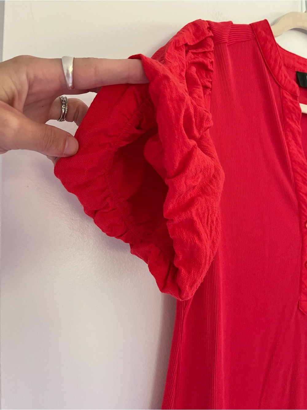 DKNY Red Mixed Media Puff-Sleeve Henley Top Romantic Casual Modern Tomato Girl L - Picture 5 of 6